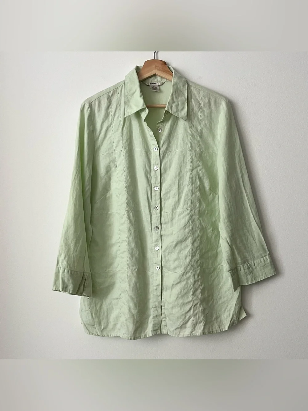 Edward Women's 100% Irish Linen Blouse Embroidered Shirt Size L Green 3/4 Sleeve
